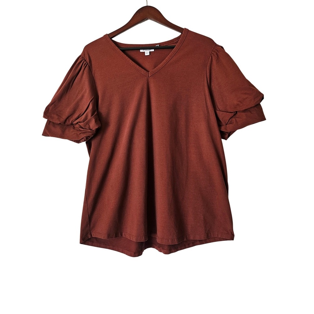 Chico's Puff Sleeve V Neck Cotton Stretch Top Rust Brown XXL